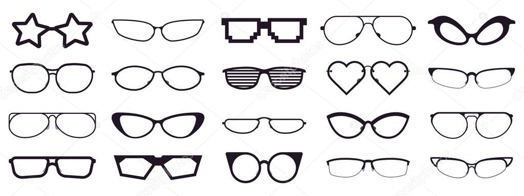 Spectacles silhouette. Glasses frames, optics eyewear and eyeglasses frame. Rim optic lens glasses vector illustration icons set