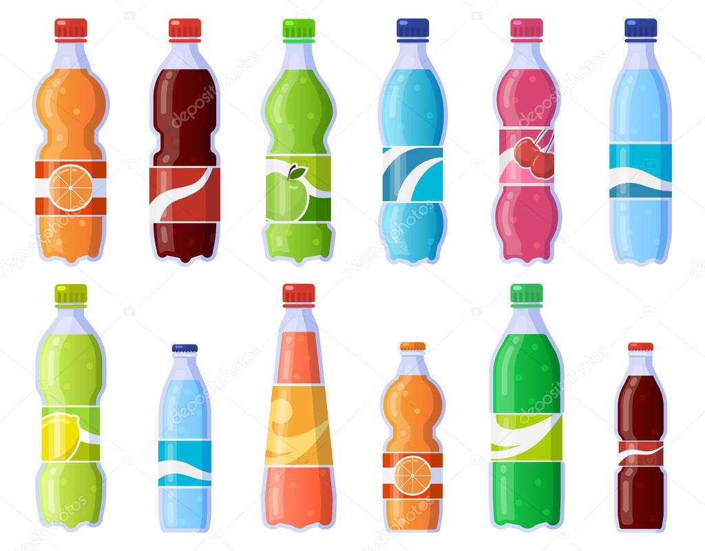 Soda drink bottles. Soft drinks in plastic bottle, sparkling soda and juice drink. Fizzy beverages isolated vector illustration icons set