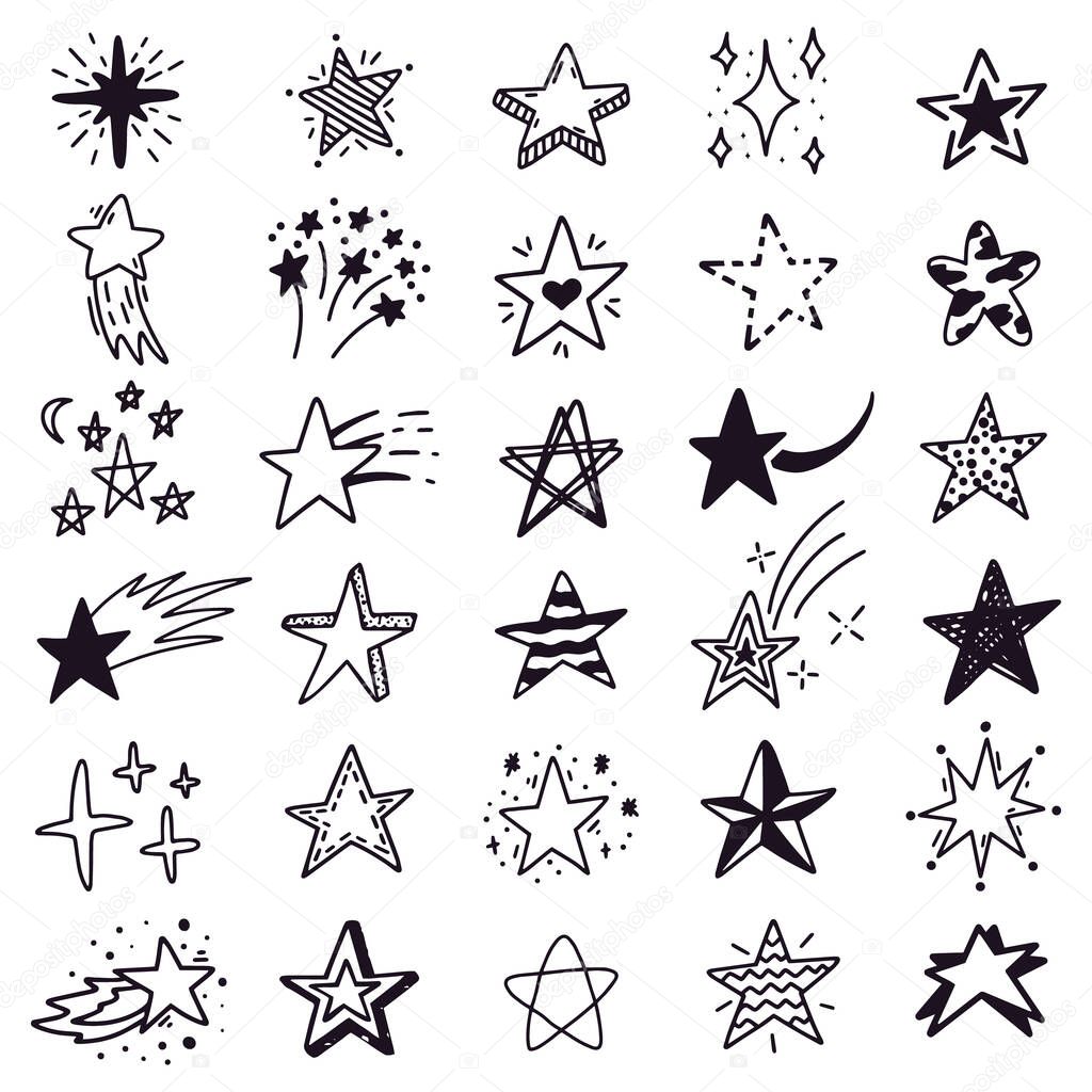 Hand drawn star sketch. Doodle stars sketch, drawing ink starburst and shiny stars. Starry doodles vector illustration icons set