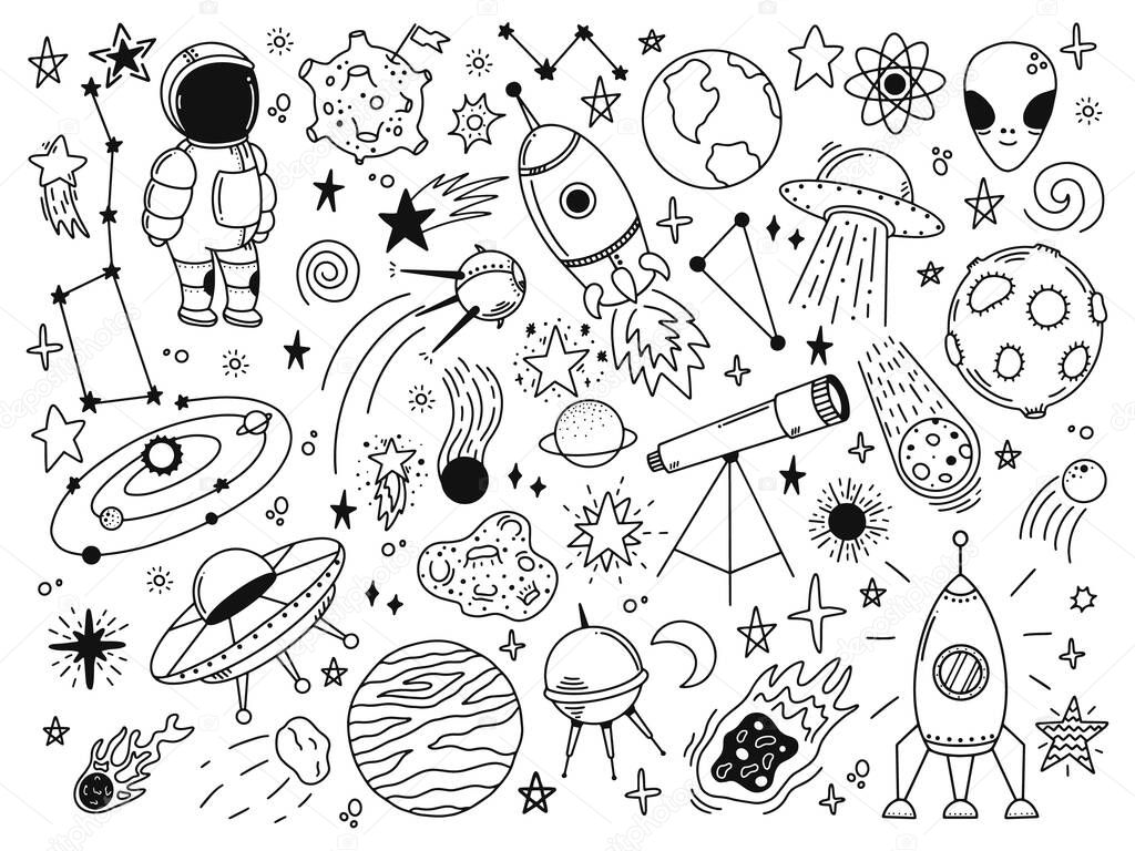 Hand drawn space. Doodle space planets, astrology cosmic doodles, telescope, cosmic rocket, spacecrafts. Universe doodle vector illustration set