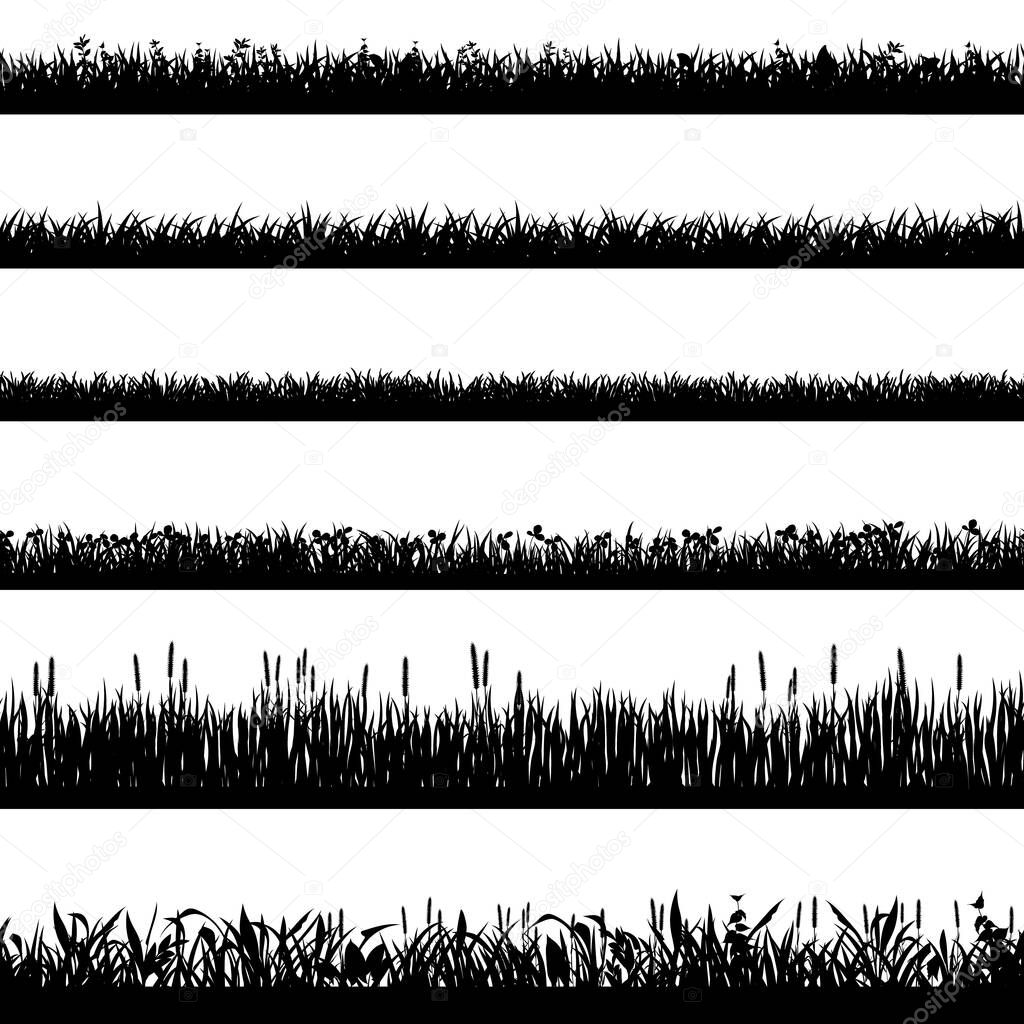 Grass border silhouettes. Black grass silhouettes, natural environment herb borders, grass panorama. Landscape lawn elements isolated symbols set