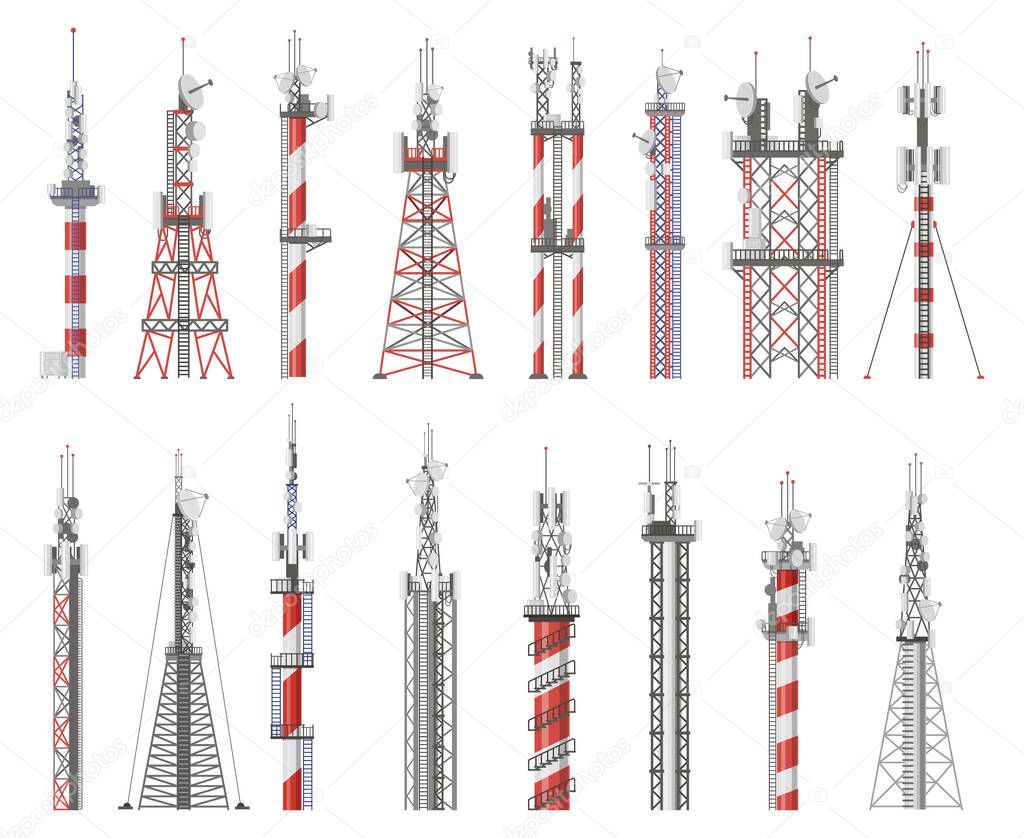 Broadcast technology tower. Communication antenna tower, wireless radio signal station. Cellular network tower vector illustration icons set