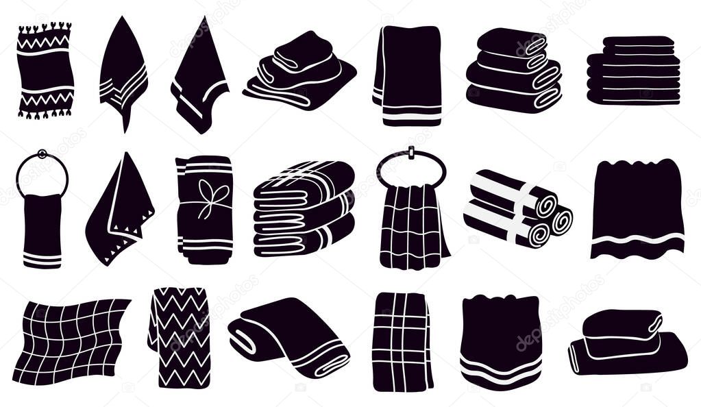 Household towel silhouettes. Black textile rolled and hanging towels. Fabric bathroom, kitchen towels vector illustration symbols set