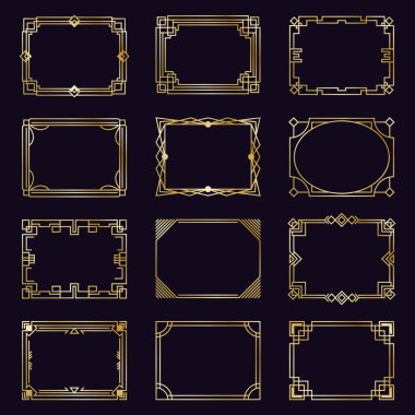Altın sanat deco çerçeveleri. Modern altın zarif kenarlar, Arap geometrik dekoratif çerçeve, antika dekoratif elementler izole edilmiş simgeler