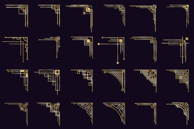 Art deco köşeleri. Klasik Arap geometrik sınırları, dekoratif altın bölmeler, antika zarif köşeler izole edilmiş ikonlar.