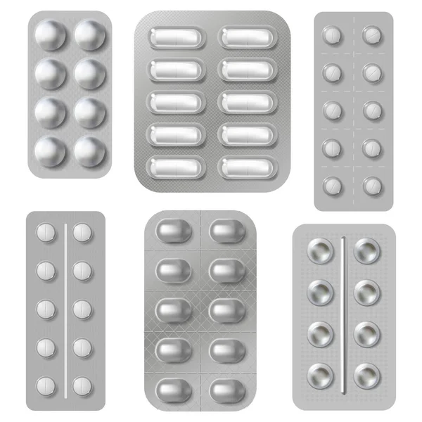 Envases de comprimidos y pastillas para ampollas. Medicina realista vitaminas cápsula y antibióticos embalaje. Paquete de medicamentos farmacéuticos conjunto vectorial aislado — Archivo Imágenes Vectoriales