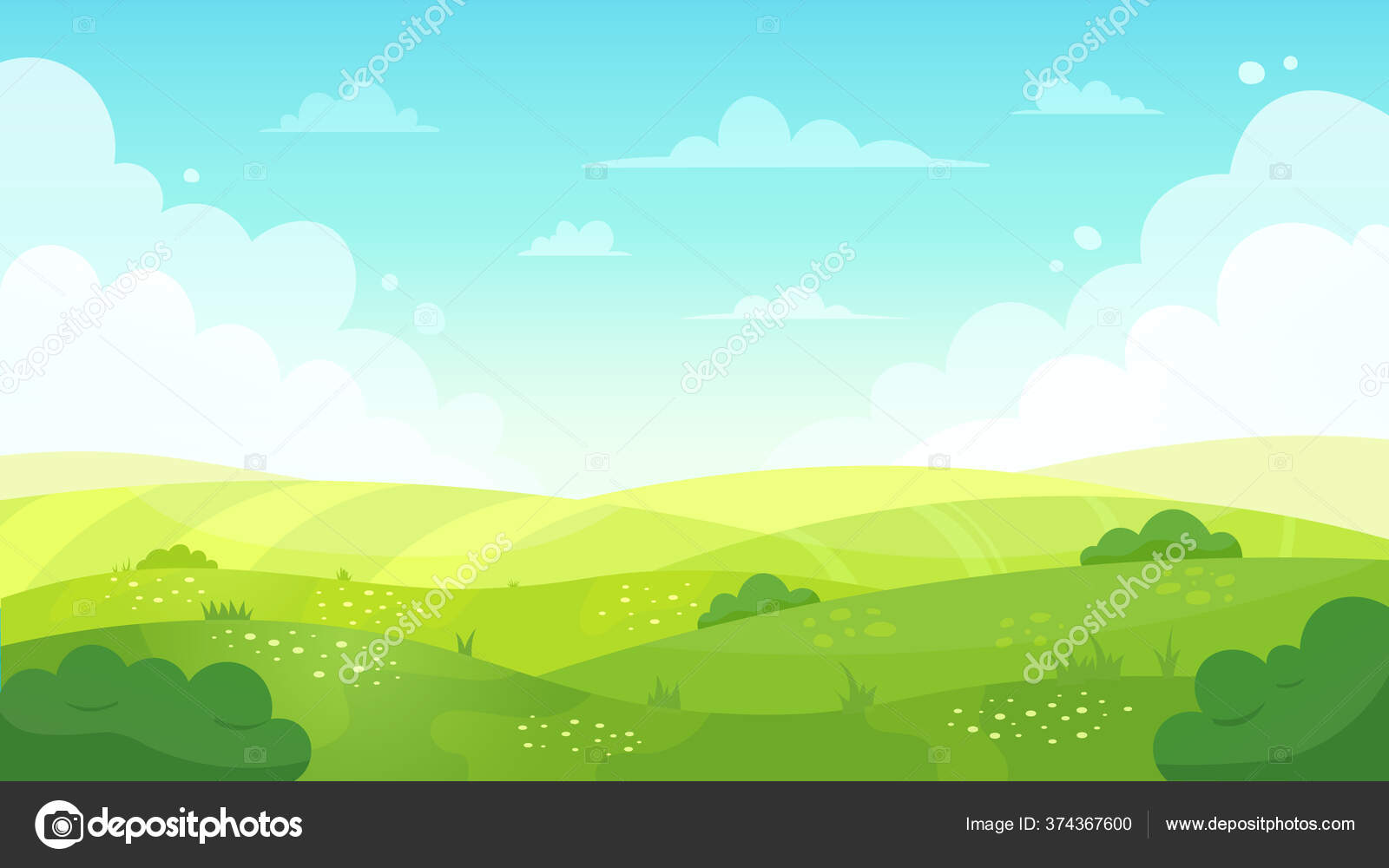 Cartoon meadow landscape. Summer green fields view, spring lawn hill and  blue sky, green grass fields landscape vector background illustration Stock  Vector Image by ©@ #374367600