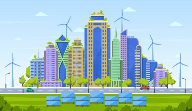 Eko şehir konsepti. Akıllı şehir manzarası, kentsel modern şehir manzarası, alternatif enerji kaynakları vektör illüstrasyonlu çevre dostu gökdelenler.