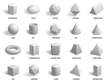 Gerçekçi 3 boyutlu şekiller. Geometri küresi, silindir, piramit ve küp formları, geometrik şekiller model izole vektör illüstrasyon simgeleri belirlendi