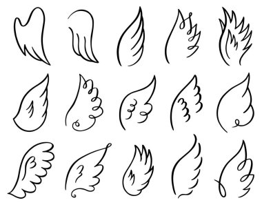 El çizimi kanatlar. Karalama çizimi melek uçuş tüyü, melekler veya kuşlar zarif kanatlar yayılmış, kanatlı melek unsurları çizim simgeleri ayarlanmış