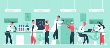 Bilim araştırma laboratuvarı. Laboratuvar önlüklü kimya araştırmacıları, laboratuvar çalışanı kliniği deneyleri izole edilmiş vektör çizimleri.
