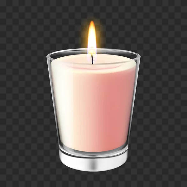 Ρεαλιστικό γυάλινο κηροπήγιο. Φλεγόμενο κερί κερί σε γυάλινο βάζο, ρομαντική και ζεστή άρωμα καύση φως κεριών διανυσματική απεικόνιση — Διανυσματικό Αρχείο