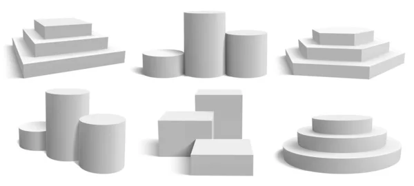 Πλατφόρμες εξέδρας. Ρεαλιστικό λευκό τετράγωνο και στρογγυλό βάθρο, γεωμετρικό κενό stand stage διάνυσμα εικονογράφηση σύνολο — Διανυσματικό Αρχείο