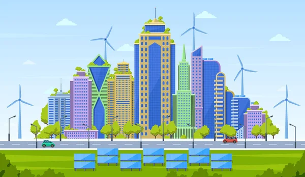 Eco city concept. Paesaggio urbano intelligente, paesaggio urbano moderno, grattacieli eco-compatibili con fonti energetiche alternative illustrazione vettoriale — Vettoriale Stock