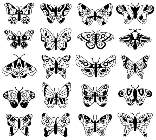 Motýl čmáranice. Kreslit létající motýly, ručně tažený jarní hmyz. Grafická kresba létání vektorové ilustrace ikony nastavit — Stockový vektor