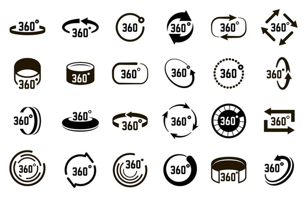 Símbolo 360 grados. Ángulo 360 grados signos de círculo, flechas panorámicas elementos circulares, círculo 360 grados vector iconos de ilustración conjunto — Vector de stock