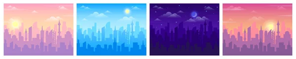 Tagesansichten der Stadt. Stadtbild Sonnenaufgang, Mittags- und Nachtzeit, Skyline-Landschaft bei Tag und Nacht, Silhouetten-Vektorhintergrund städtischer Gebäude — Stockvektor