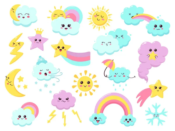 Emoticones del tiempo lindo. Carácter del tiempo divertido, las estrellas dibujadas a mano, el viento, el arco iris y el flash, sonriendo signos del tiempo vector iconos de ilustración conjunto — Archivo Imágenes Vectoriales