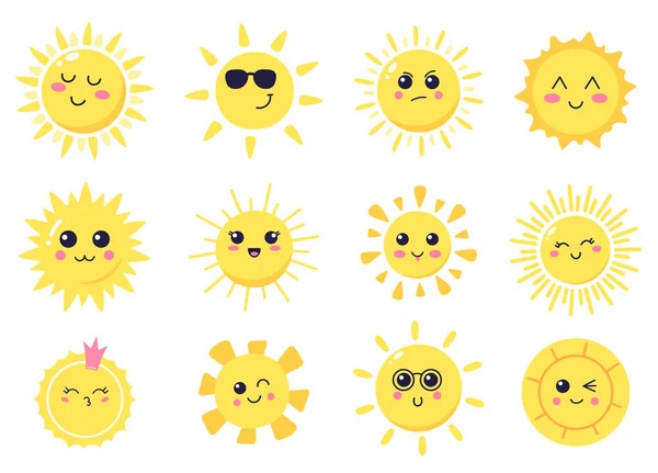 Happy Cartoon Sun. Handgezeichnete niedliche lächelnde Sonnen, sonnige glückliche Zeichen, leuchtende helle Sonnenvektor Illustration Symbole gesetzt — Stockvektor