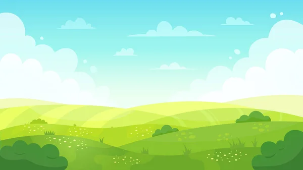 Cartoon weide landschap. Zomer groene velden uitzicht, lente gazon heuvel en blauwe hemel, groen grasvelden landschap vector achtergrond illustratie — Stockvector