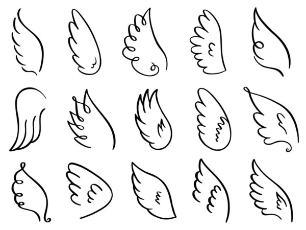 Gekritzelte Flügel. Handgezeichnete Engelsflugfeder, elegante Engelsflügel, Himmelsflügel Skizze Vektor Illustration Icons Set — Stockvektor