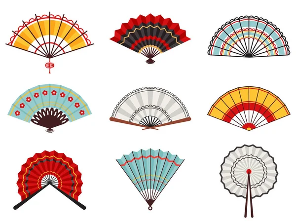 Ventoinhas asiáticas. Ventiladores de mão dobrável de papel, chinês, japonês decorativo tradicional oriental ventiladores de madeira vetor ilustração ícones conjunto — Vetor de Stock