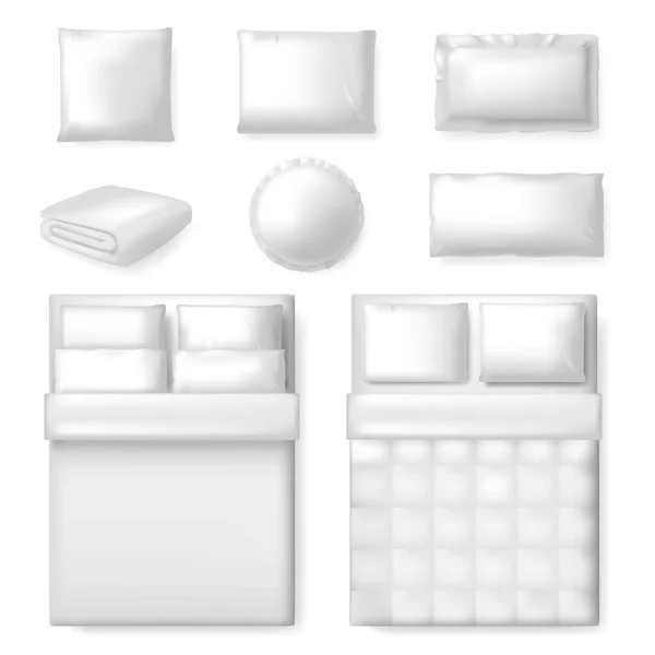 Realistische Bettvorlage. Weißes leeres Bett, Decke und Kissen, Textilbettschablone für Komfort, isoliertes Vektor-Illustrationsset für das Schlafzimmer — Stockvektor