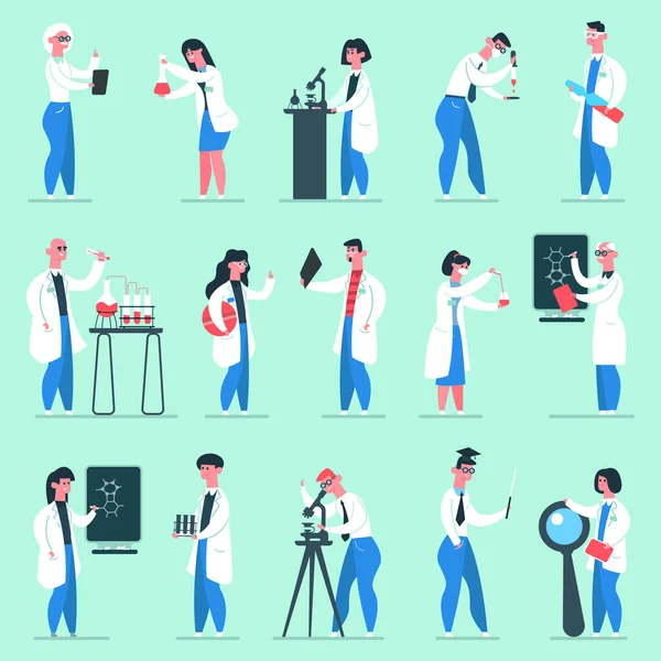 Personagens científicos. Laboratório pessoas, cientistas químicos pesquisadores em jalecos, química laboratório trabalhadores isolados conjunto ilustração vetor —  Vetores de Stock