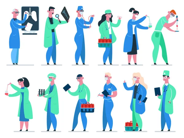 Lékařský tým. Lékařský nemocniční lékař, lékař, zdravotničtí pracovníci ve zdravotnickém kabátě izolované vektorové ilustrace ikony set — Stockový vektor