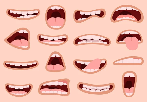 Kreslená pusa. Ručně kreslené komické ústa s jazyky, smějící se emoce karikatura rty, výrazy obličeje vektorové ilustrace ikony sada — Stockový vektor