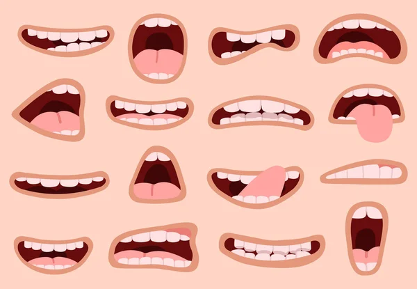 Bouche de dessin animé. Bouche comique drôle dessinée à la main avec des langues, lèvres de caricature d'émotions de rire, icônes vectorielles d'illustration d'expressions faciales ensemble — Image vectorielle