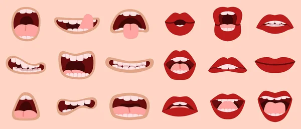 Boca linda de dibujos animados. Dibujado a mano bocas cómicas y labios, riendo con los dientes y mostrando lenguas caricatura bocas vector ilustración iconos conjunto — Vector de stock