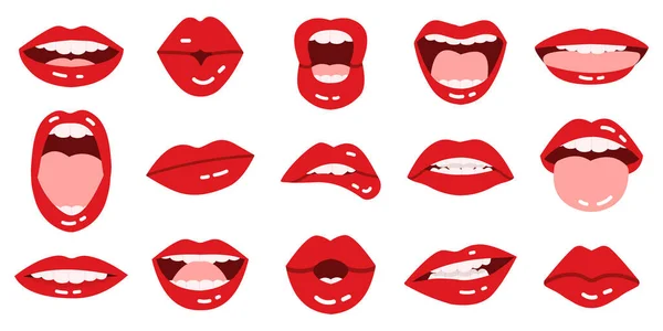 Мультяшні губи. Дівчата червоні губи, красиві усміхнені, цілуються, показують язик, червоні губи з виразними емоціями ізольовані Векторні ілюстрації набір іконок — стоковий вектор