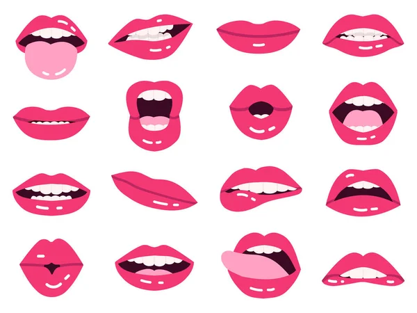 Sonríe labios de dibujos animados. Hermosos labios rosados, besos, mostrar la lengua, sonriendo con los dientes expresiva boca, niñas labios aislados vector ilustración conjunto — Archivo Imágenes Vectoriales