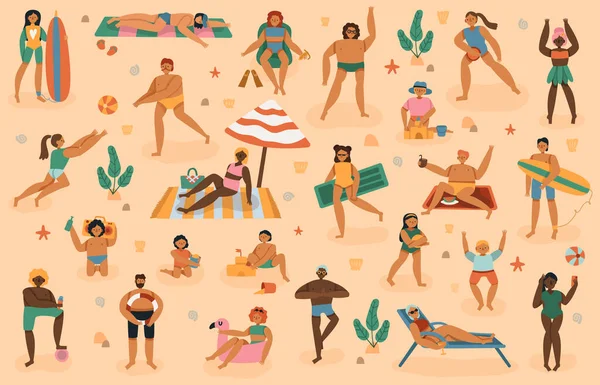 Gente de playa. Vacaciones de playa de arena de verano, hombre, mujer, familia con niños tomando el sol, jugar, tumbado en toallas sol vector ilustración conjunto — Vector de stock