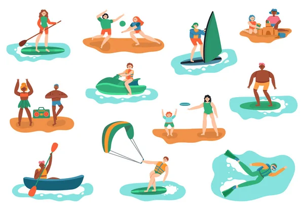 Sea outdoor activities. Water and beach sports, ocean diving, surfing and playing ball, people vacation recreation vector illustration set — Stock Vector