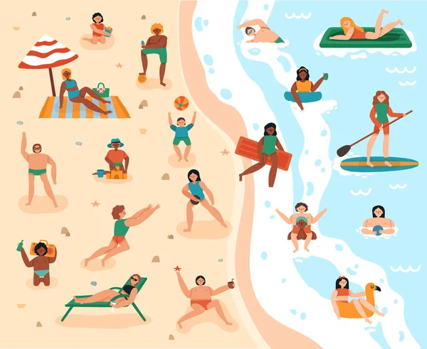 Actividades de verano en playa. playa de arena verano, actividades de vacaciones en el mar costa, natación y tomar el sol personajes vector ilustración conjunto — Vector de stock