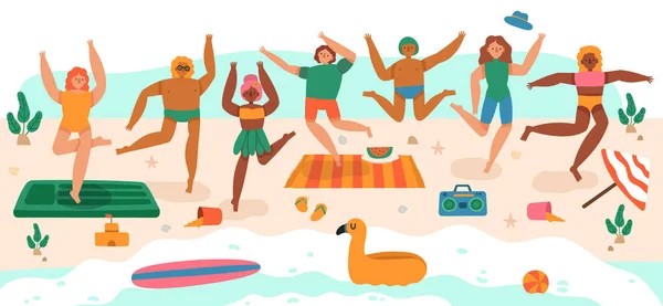 Playa saltando gente. Jóvenes personajes felices actividades de vacaciones de verano, riendo adolescentes salto en grupo, divertirse en la playa vector ilustración — Vector de stock