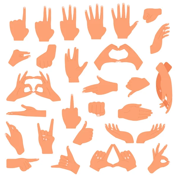 Gesterande händer. Kommunikation hand gest, pekar, räkna fingrar, ok tecken, palm gest språk vektor illustration set — Stock vektor