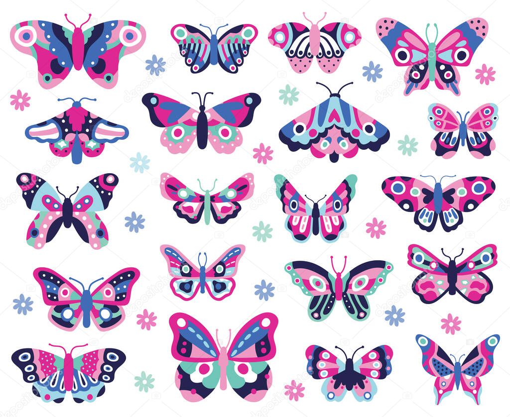 Doodle butterflies insect. Hand drawn spring insects, colorful flying papillon. Drawing butterflies isolated vector icons collection