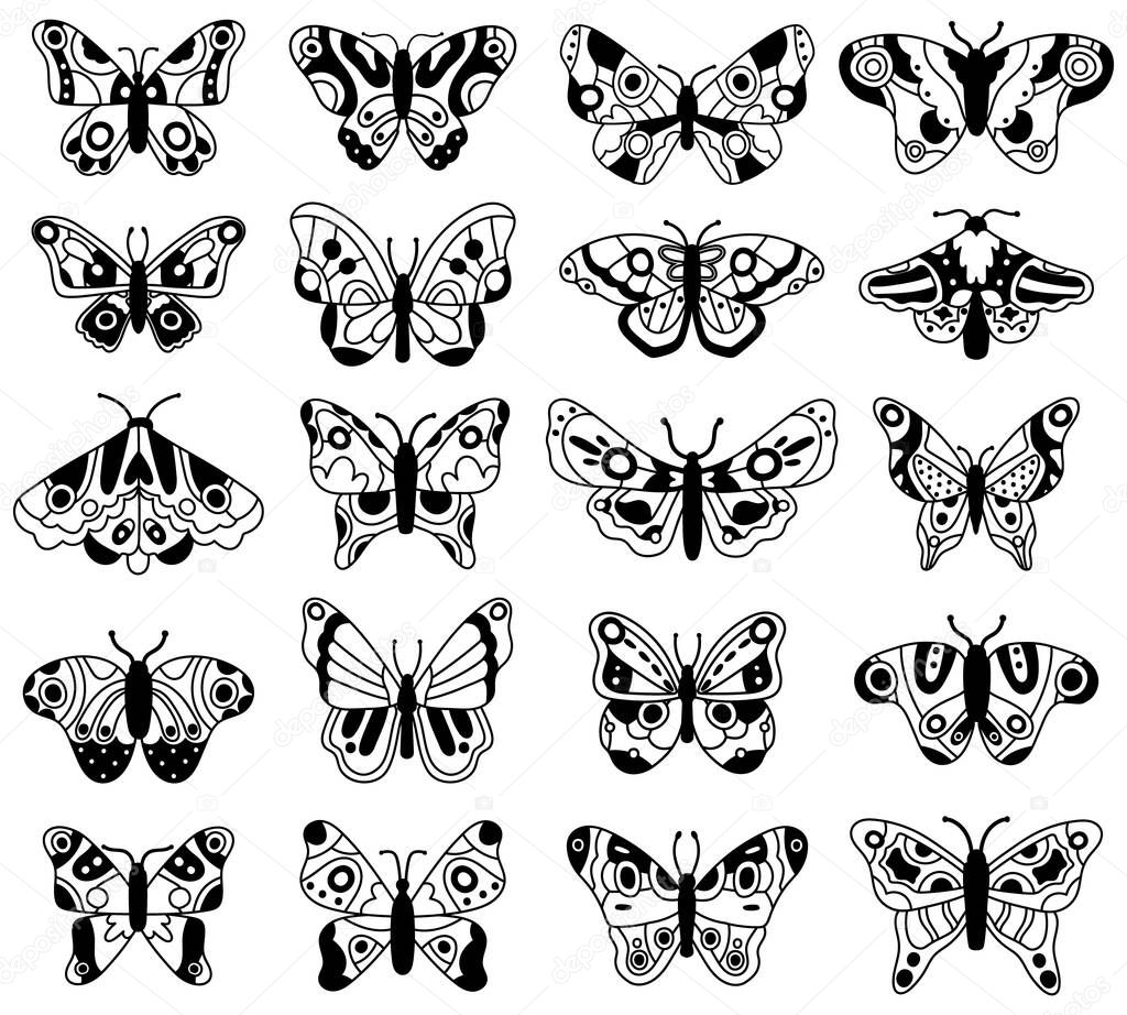 Doodle butterfly. Sketch flying butterflies, hand drawn spring insects. Graphic drawing flying butterfly vector illustration icons set