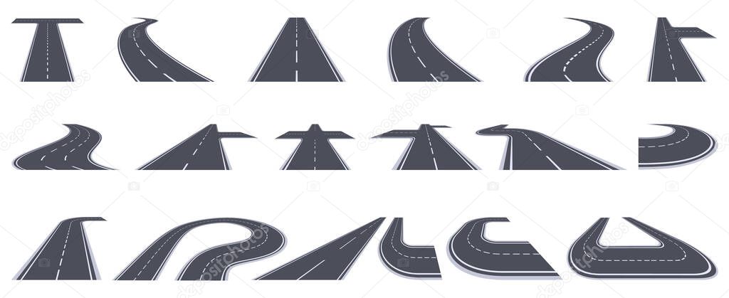 Road way. Bending asphalt highway, curved perspective roads, urban bending town path isolated vector illustration set