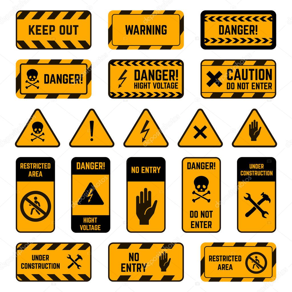 Caution signs. Danger warning yellow and black tape, poison biohazard striped signs, high voltage security perimeter elements vector symbols set