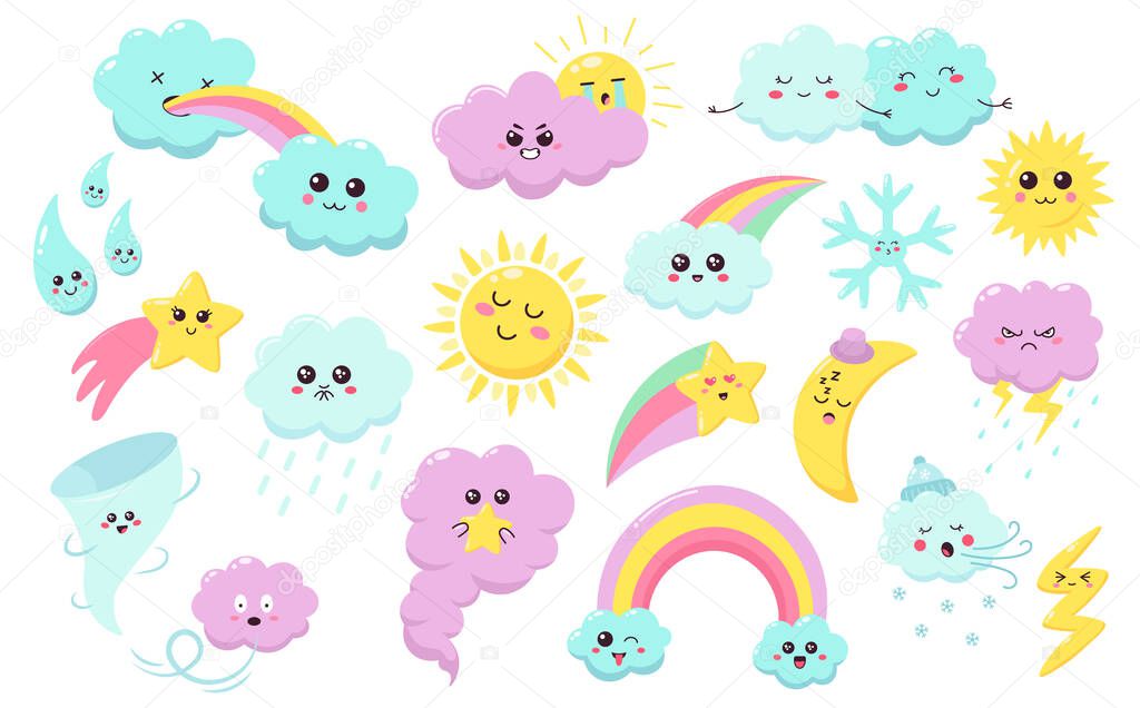 Hand drawn weather phenomena. Cute sun, clouds and rainbow, weather characters, baby star, snowflake and wind nursery isolated vector symbols set
