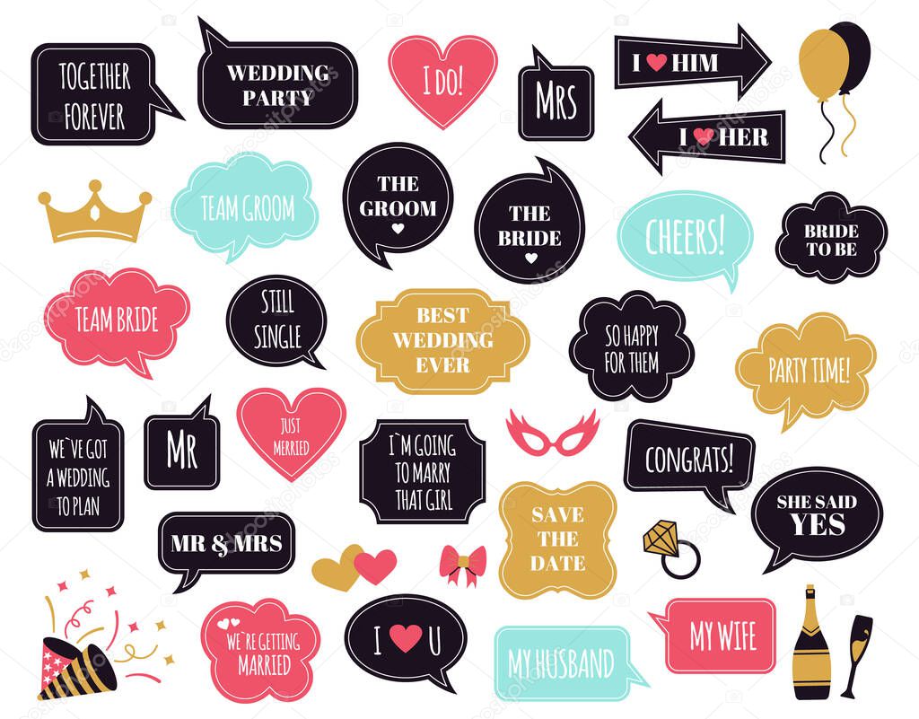 Wedding photobooth props. Bride and groom party speech bubble, marriage quotes for wedding celebration, funny wedding phrases vector symbols set
