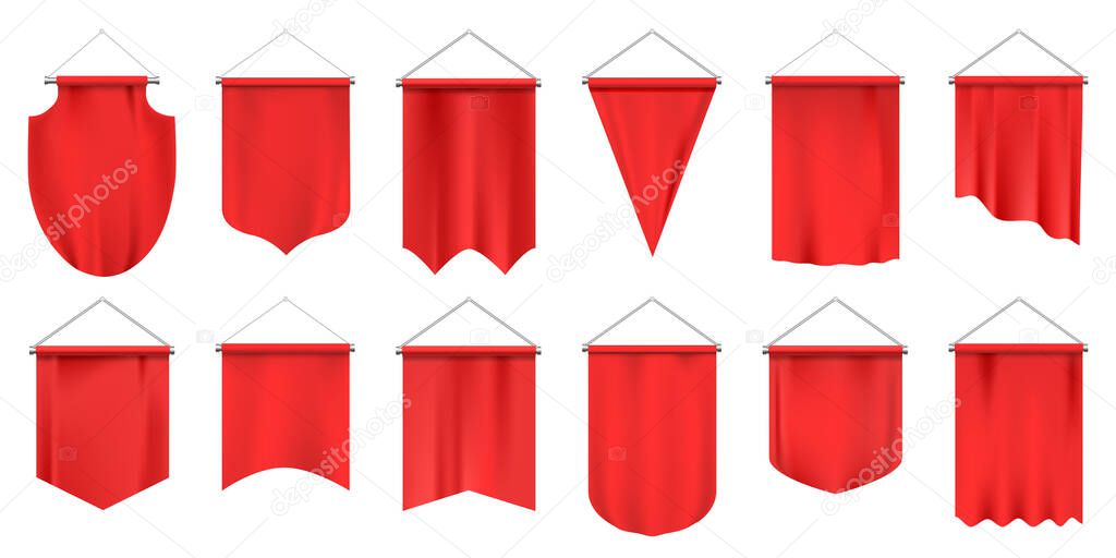 Realistic textile pennants. Empty 3d flags, red fabric hanging pennant, advertising or royal award mockups isolated vector illustration set