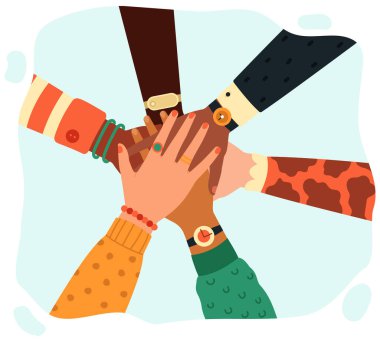 Eller birleşiyor. İnsanlar el ele tutuşuyor, ortaklık, takım çalışması, birlik ve arkadaşlık kavramı izole edilmiş vektör çizimi