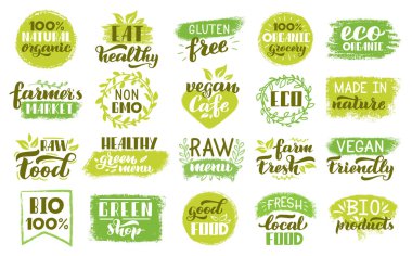 Organik eko çıkartmalar. Yeşil doğal gıda etiketleri, vejetaryen sağlıklı yiyecekler rozetleri. Vejetaryen ekolojik ürün pul vektör çizimi seti