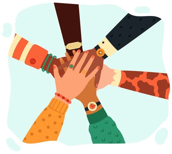 Kezeket össze. Emberek csoport kezét csapatmunka, partnerség, csapatmunka, egység és barátság koncepció elszigetelt vektor illusztráció — Stock Vector
