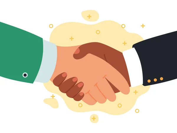 Handdruk communicatie. Hand schudden partnerschap, zakelijk succes overeenkomst, teamwork, begroeting of deal handen schudden vlakke vector illustratie — Stockvector